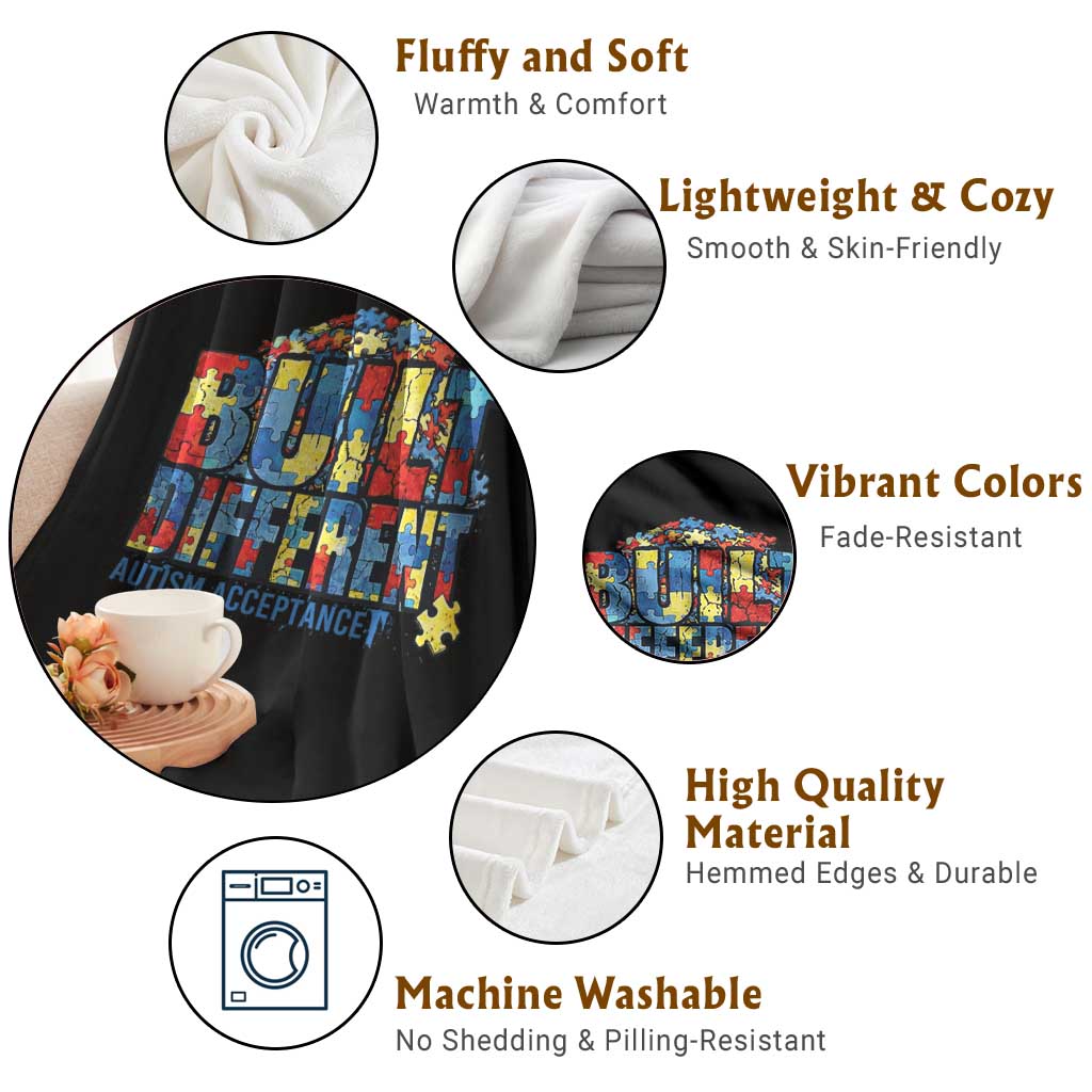 Built Different Autism Acceptance Puzzle Piece Graphic Throw Blanket Inspirational Neurodiversity Support