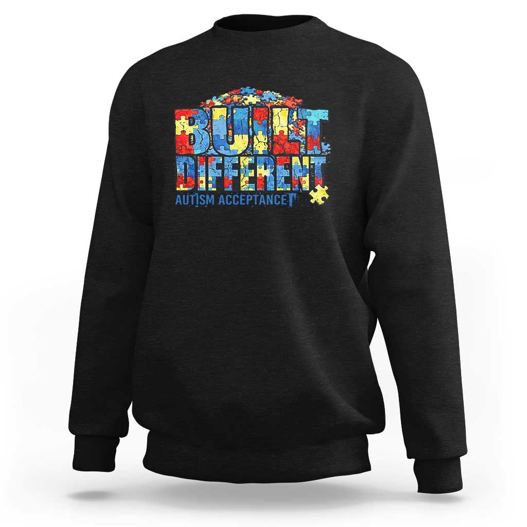 Built Different Autism Acceptance Puzzle Piece Graphic Sweatshirt Inspirational Neurodiversity Support