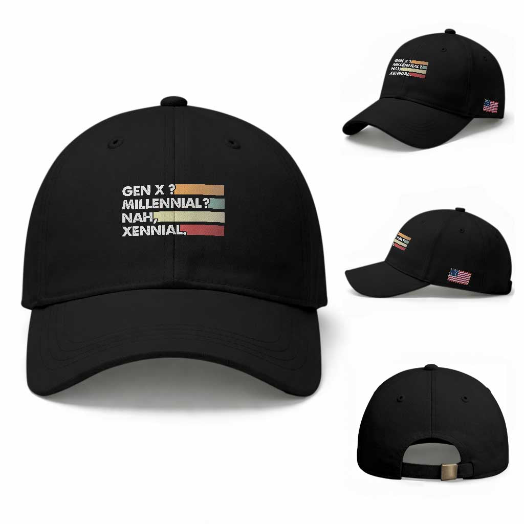 Gen X Millennial Nah Xennial Baseball Cap Retro Sunset Striped Typography Graphic