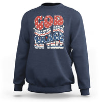 Navy sweatshirt with 'God Bless America' patriotic graphic on back