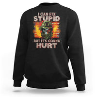 Black sweatshirt with front skull soldier graphic, ribbed cuffs and crew neckline