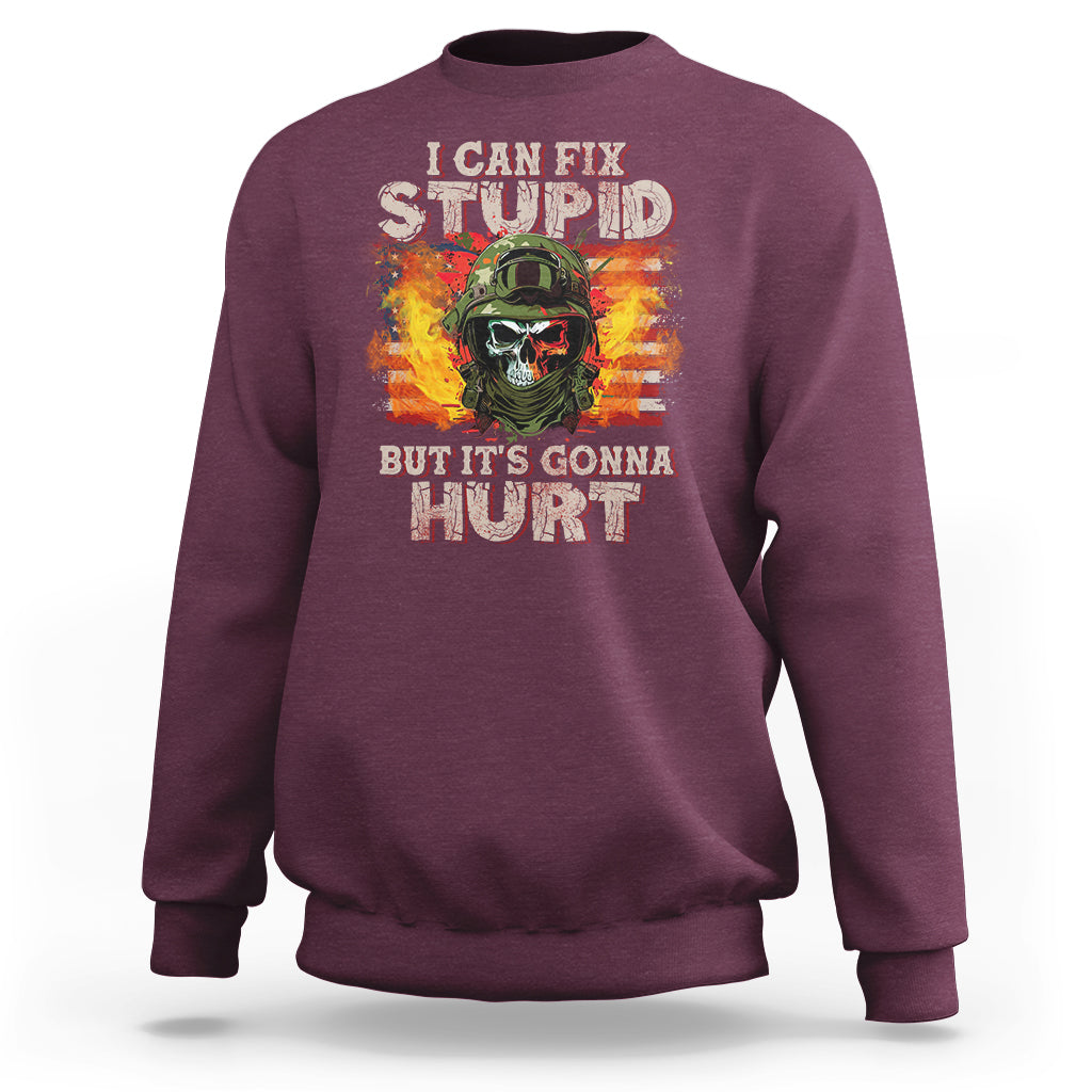 Maroon sweatshirt with front skull soldier graphic, ribbed cuffs and crew neckline