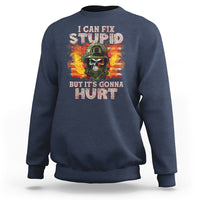 Navy sweatshirt with front skull soldier graphic, ribbed cuffs and crew neckline