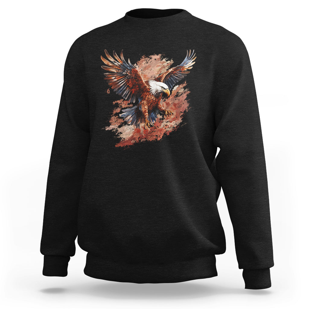 Black sweatshirt with large eagle graphic on the front, crew neck, long sleeves