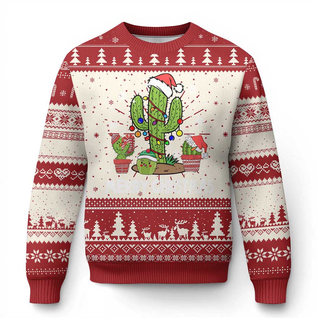 Red and cream ugly Christmas sweater with cactus graphic, trees and patterned cuffs