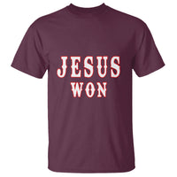 Maroon crew-neck T-shirt with 'JESUS WON' red-and-white front print.