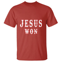 Red crew-neck T-shirt with 'JESUS WON' red-and-white front print.