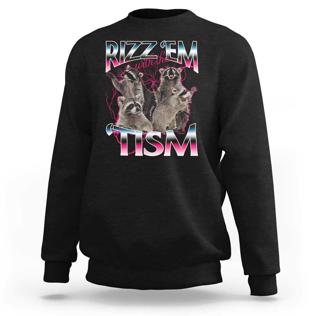 Black sweatshirt with colorful raccoon meme graphic and bold “TISM” lettering on the chest