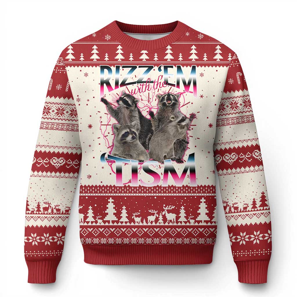 Funny Autism Raccoon Meme Knitted Sweatshirt Rizz Em With The Tism Autistic Raccoons