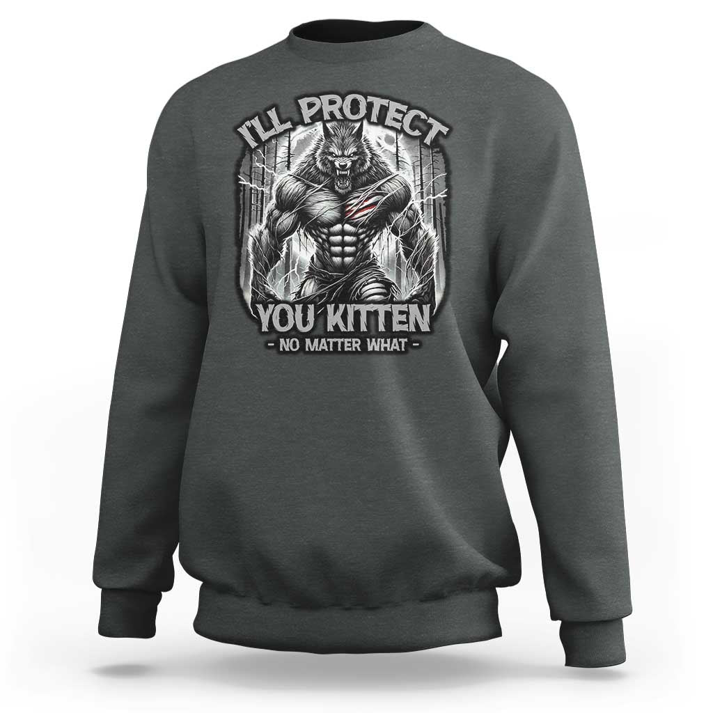 Dark heather crewneck sweatshirt with large wolf graphic and front text print