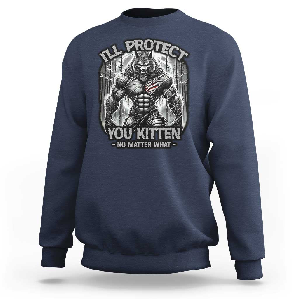 Navy crewneck sweatshirt with large wolf graphic and front text print
