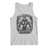 Light gray graphic tank top with alpha wolf protecting kitten front print