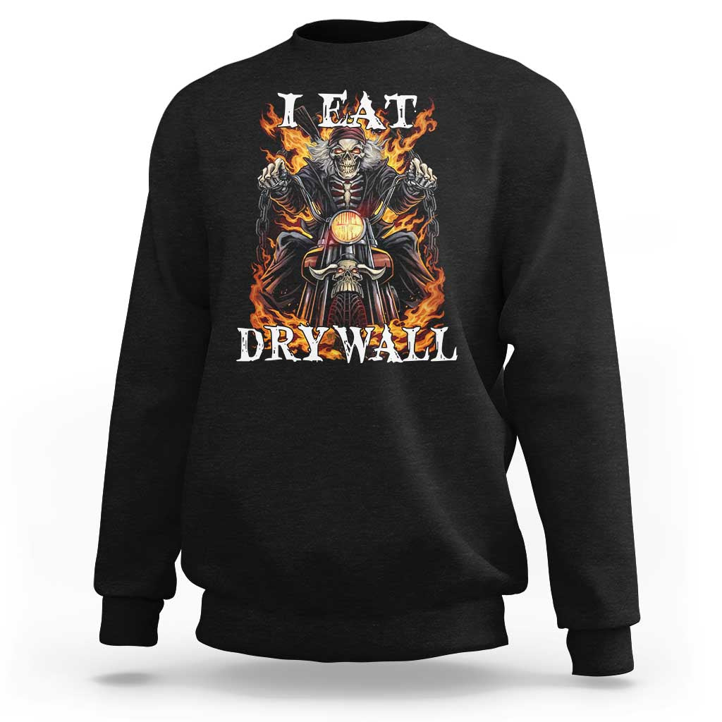 Black crewneck sweatshirt with flaming skeleton and motorcycle graphic on front