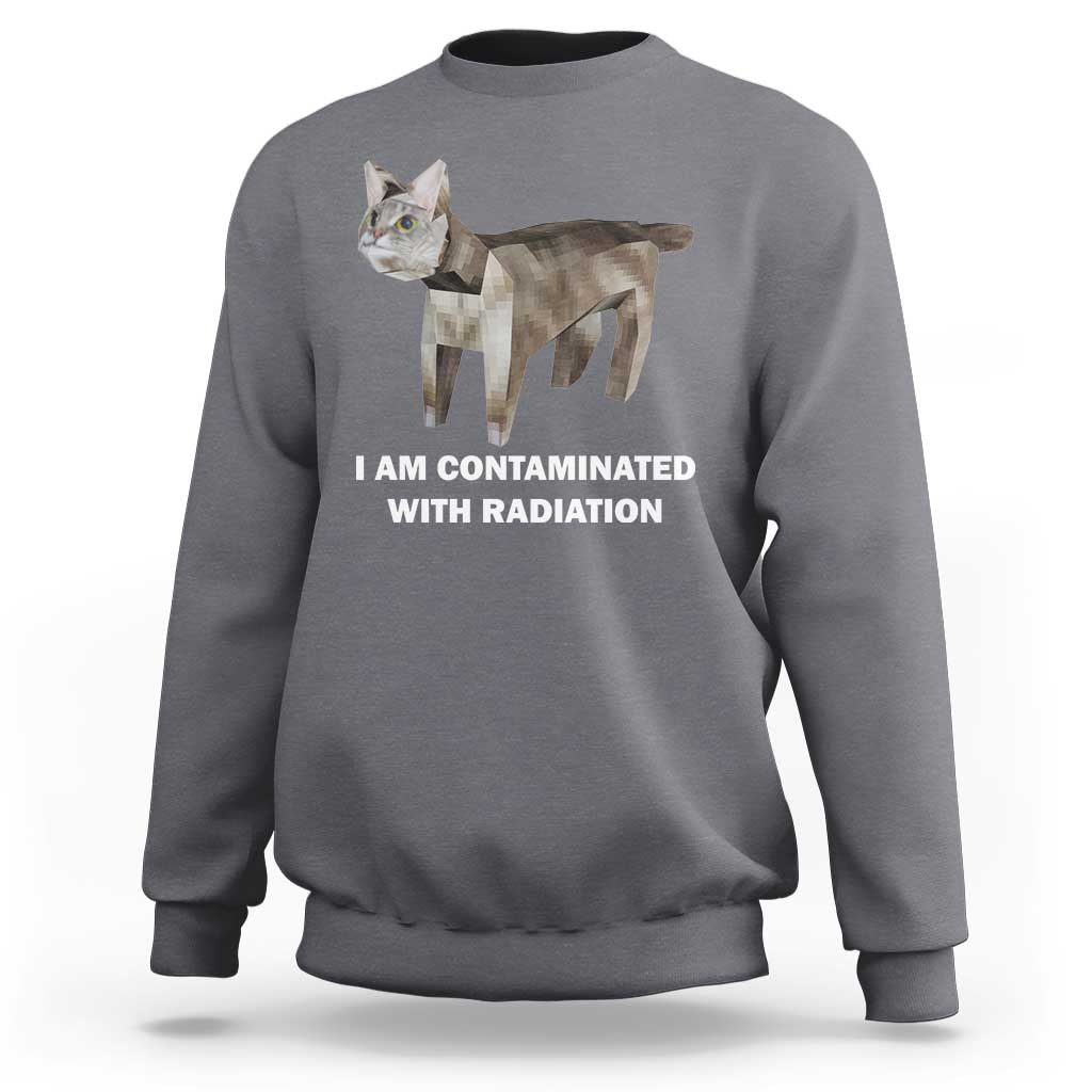Funny cat meme sweatshirt dark heather gray with cat graphic and 'CONTAMINATED WITH RADIATION'