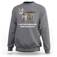Funny cat meme sweatshirt dark heather gray with cat graphic and 'CONTAMINATED WITH RADIATION'
