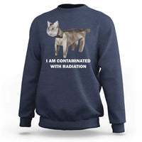 Funny cat meme sweatshirt navy with cat graphic and 'CONTAMINATED WITH RADIATION'