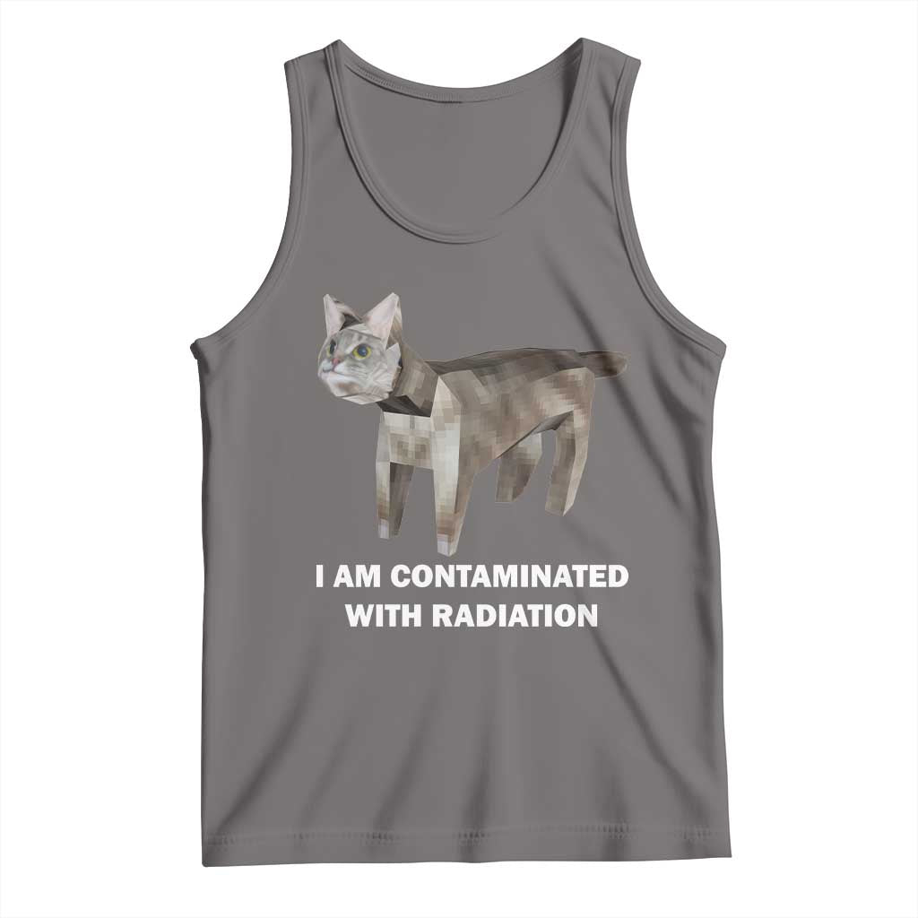 Heather gray cat meme tank top with radiation-contaminated slogan