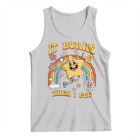 Light gray tank top with cartoon graphic and text 'IT BURNS WHEN I PEE'