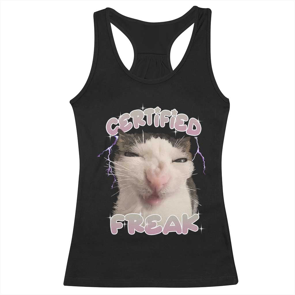 Funny Cat Meme Racerback Tank Top Certified Freak Eat Cement Cursed Cat