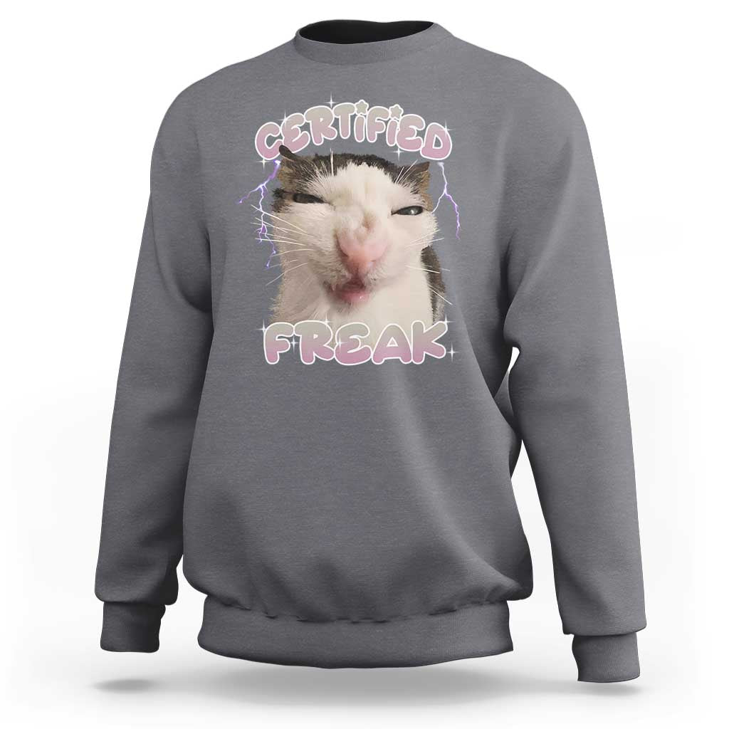 Charcoal crewneck sweatshirt with “CERTIFIED FREAK” cat graphic on chest