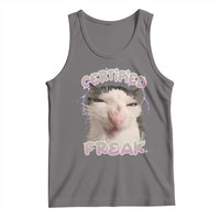 Gray scoop-neck graphic cat meme tank top with neon text