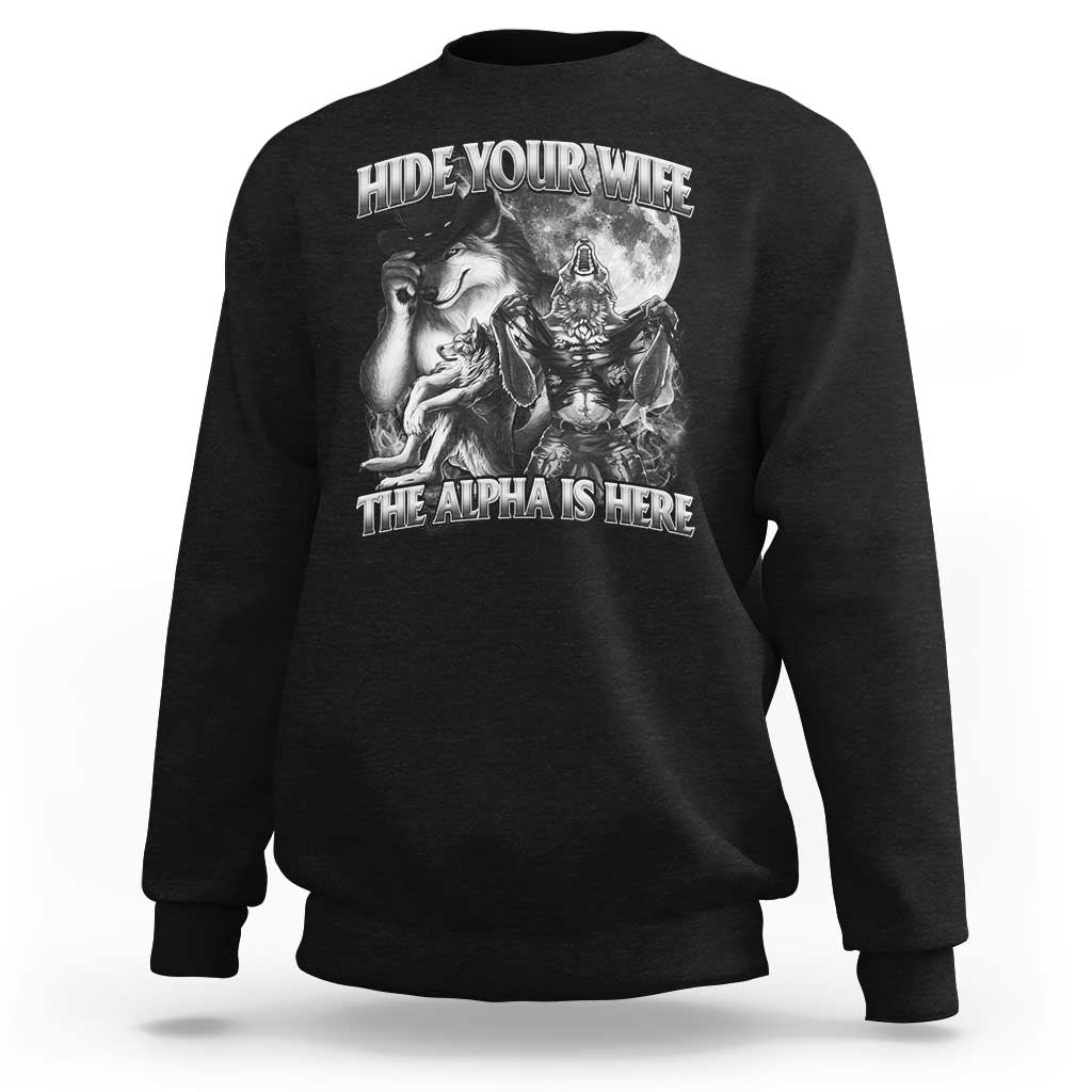 Black crewneck sweatshirt with wolf and woman graphic, ribbed cuffs and hem