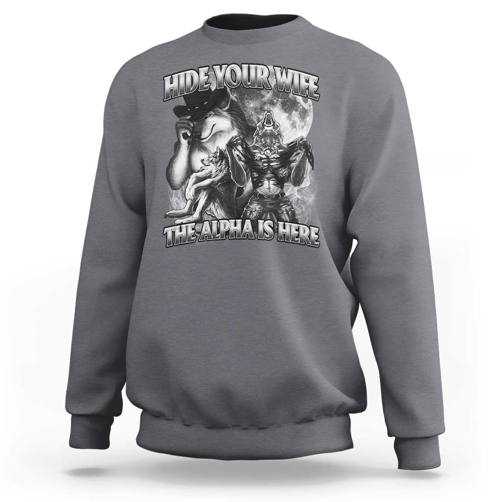 Dark heather gray crewneck sweatshirt with wolf and woman graphic, ribbed cuffs and hem