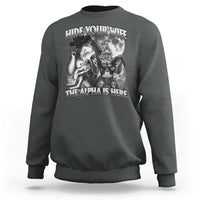 Charcoal crewneck sweatshirt with wolf and woman graphic, ribbed cuffs and hem