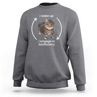 Charcoal gray crewneck sweatshirt with tabby cat graphic and 'i wake up' text