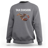 Dark heather gray crewneck sweatshirt with lobster graphic and 'TAX EVASION' text
