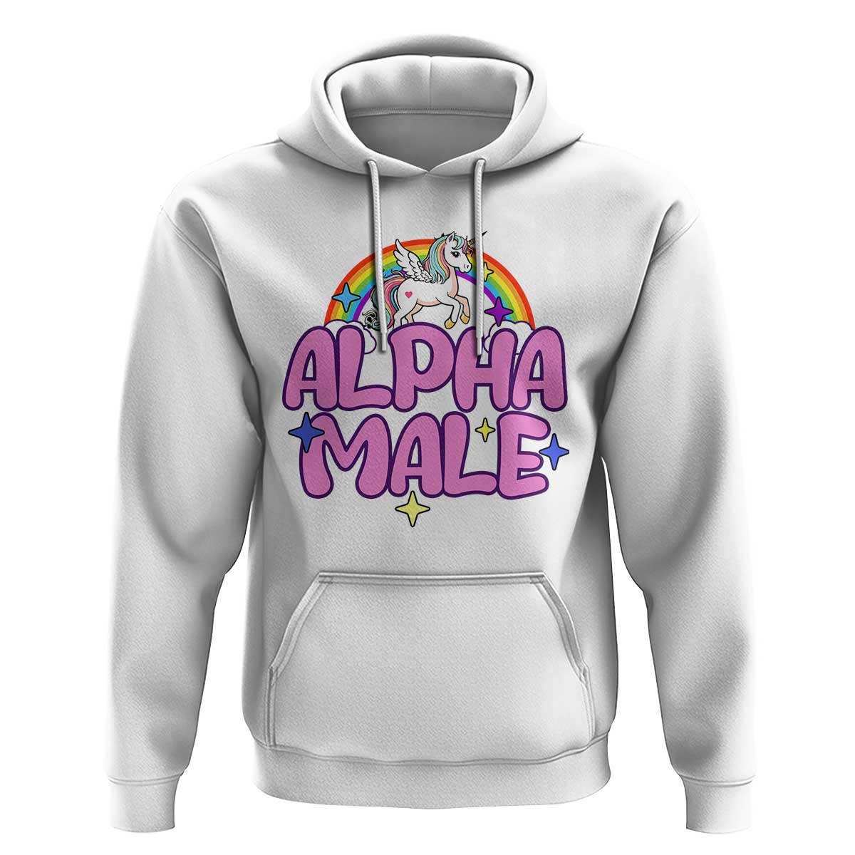 White hoodie with front pouch and drawstring, “ALPHA MALE” unicorn graphic print