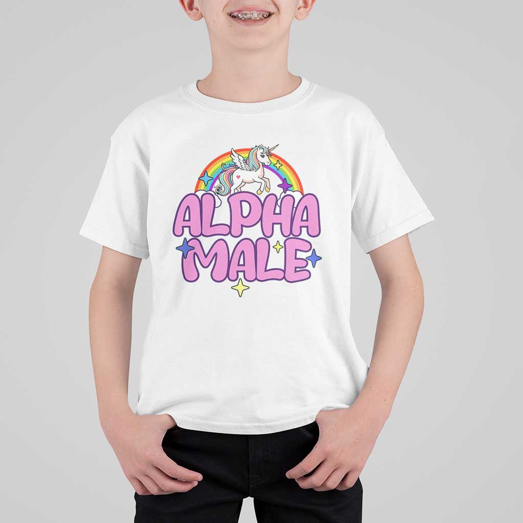 Kids white T-shirt with colorful unicorn rainbow graphic and “ALPHA MALE” text.