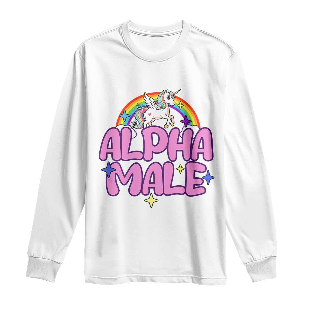 White long-sleeve T-shirt with unicorn graphic and 'ALPHA MALE' text