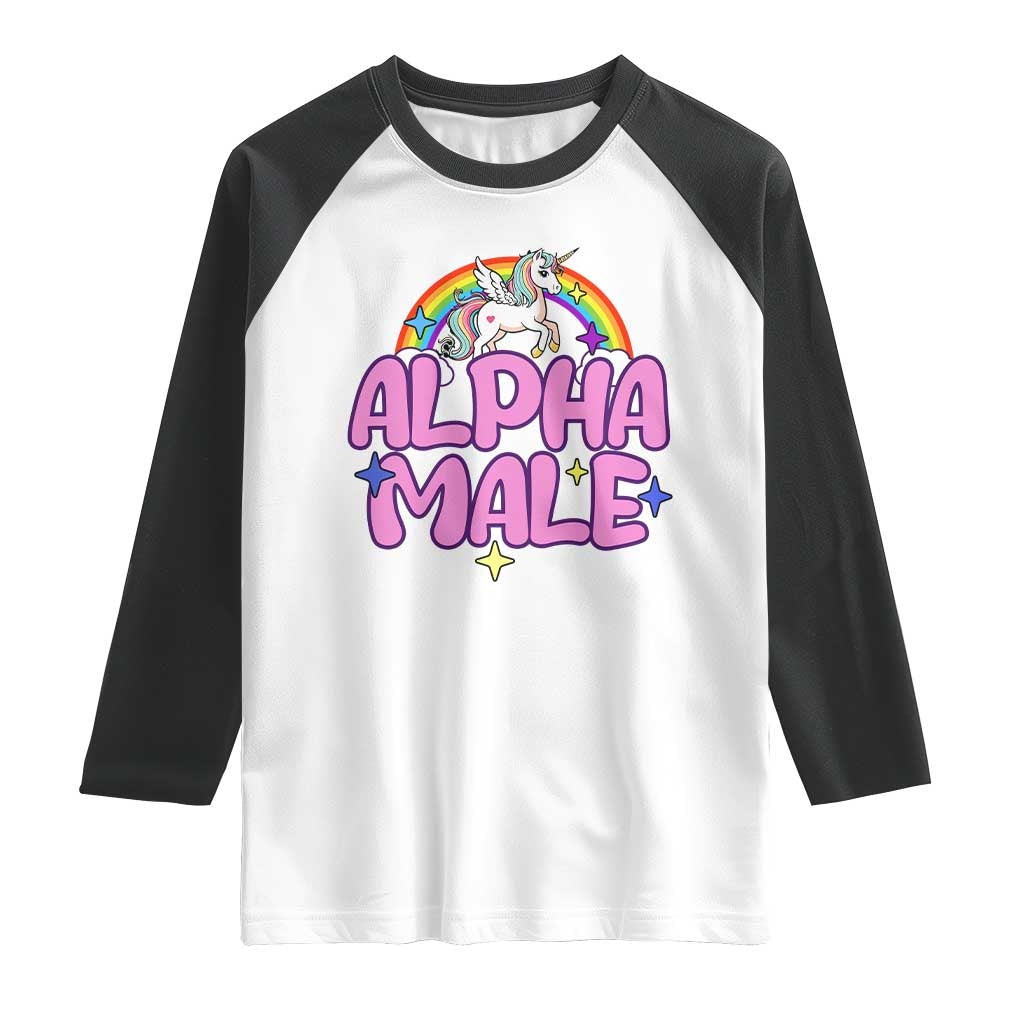 Unisex raglan shirt, white with black sleeves, colorful unicorn 'Alpha Male' graphic