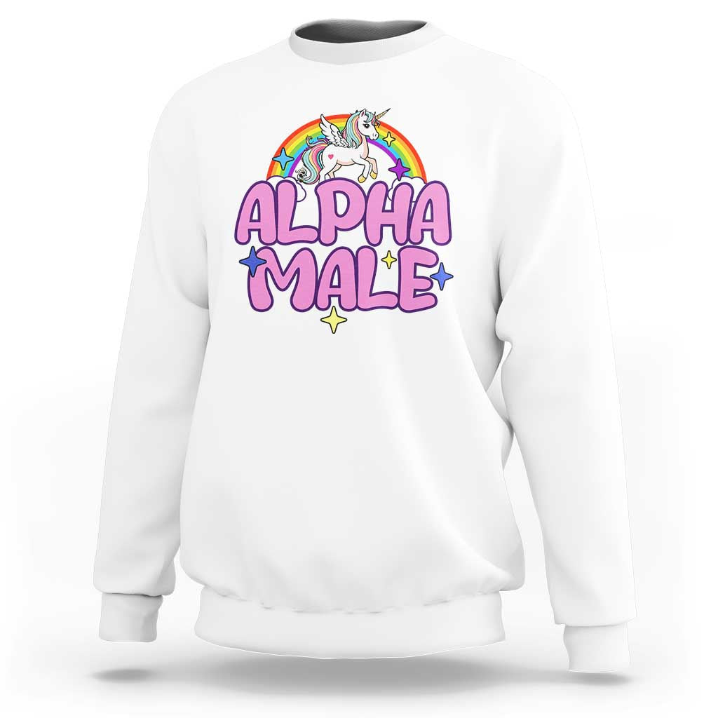 White crewneck sweatshirt with unicorn graphic and 'ALPHA MALE' slogan