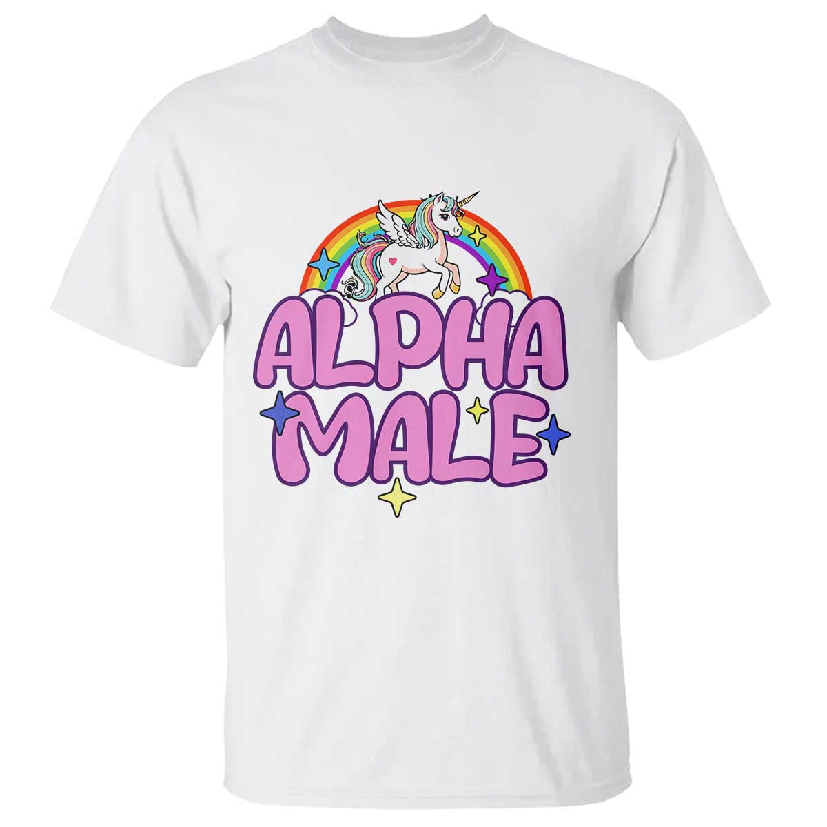 White T-shirt with rainbow unicorn graphic and 'ALPHA MALE' text on front