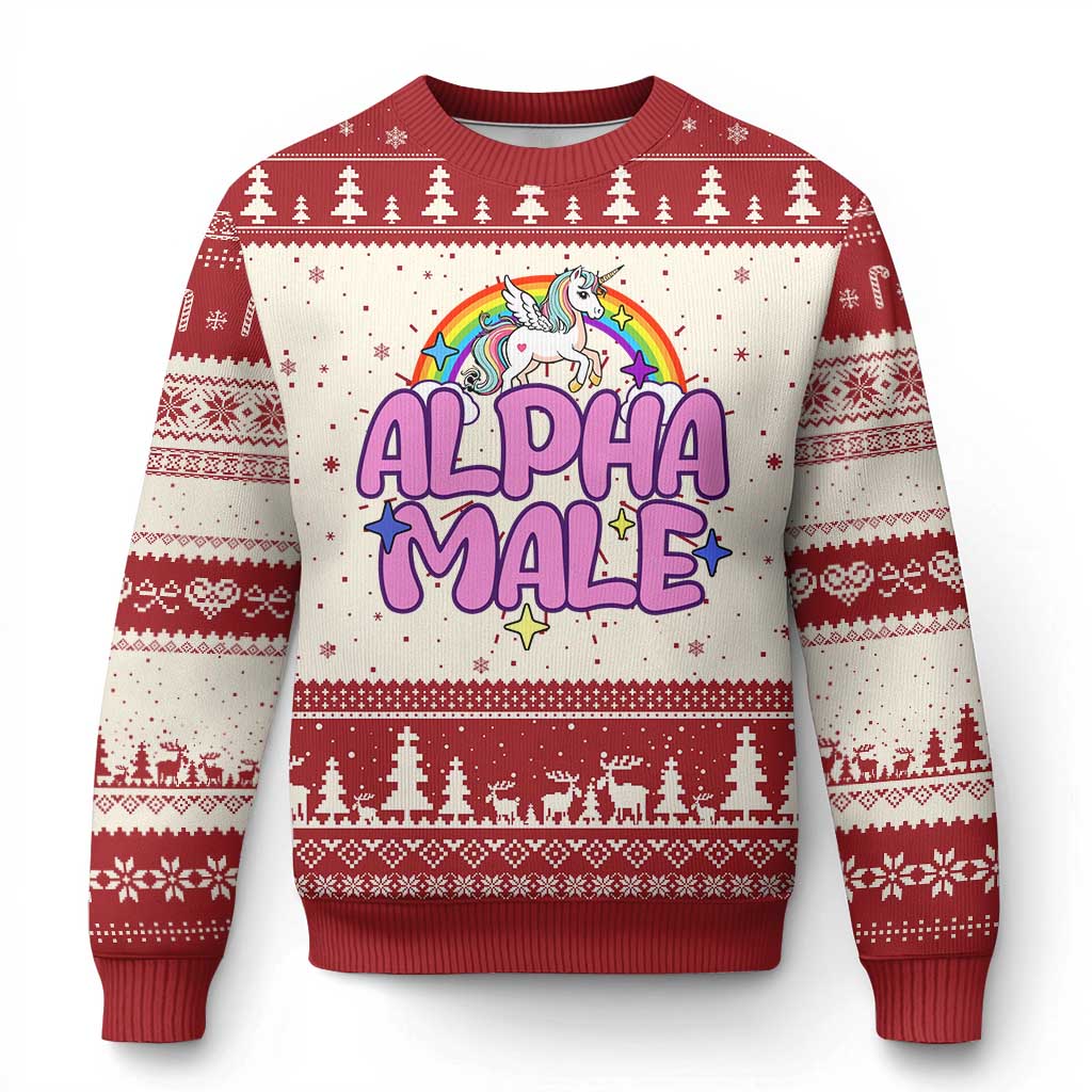 Red and cream Christmas sweater with unicorn graphic and 'ALPHA MALE' lettering