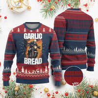 Navy and burgundy knitted sweatshirt with garlic bread graphic and festive pattern