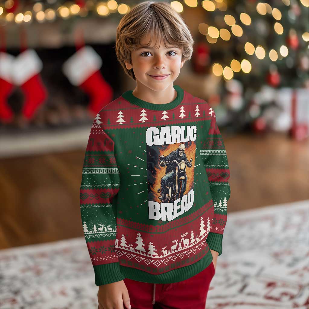 Kids green knitted sweatshirt with red festive pattern and garlic bread graphic