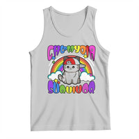 Light gray cat graphic tank top with colorful comic lettering
