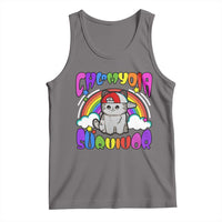 Dark gray cat meme tank top with colorful alien and rainbow graphic