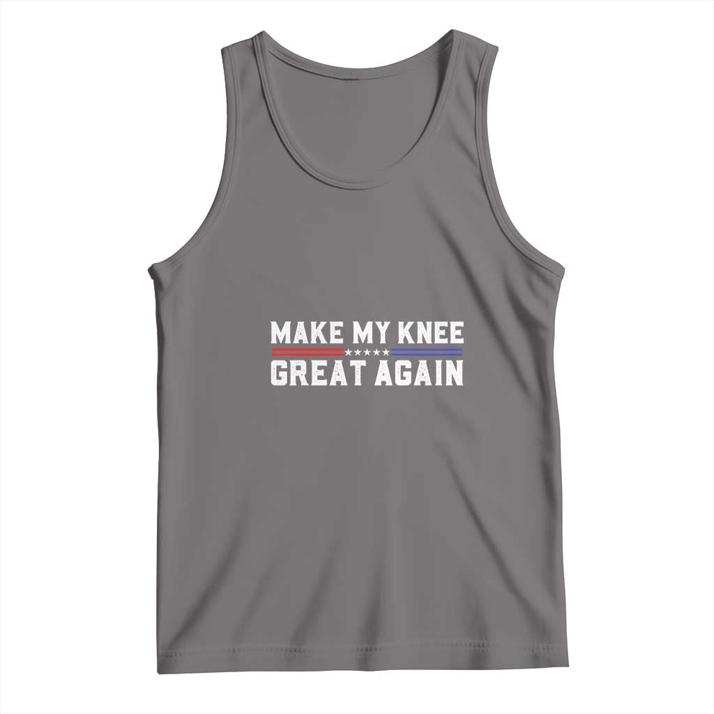 Gray tank top with crew neck and "MAKE MY KNEE GREAT AGAIN" graphic