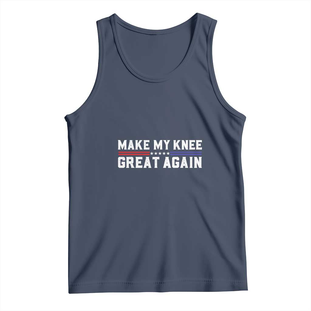 Dark blue graphic tank top with 'MAKE MY KNEE GREAT AGAIN' slogan print