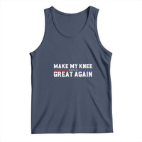 Dark blue graphic tank top with 'MAKE MY KNEE GREAT AGAIN' slogan print