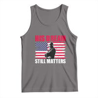 MLK Dream slogan tank top, dark heather gray, sleeveless with front graphic print