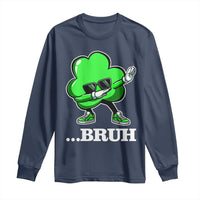 Navy long-sleeve shirt with green shamrock dabbing graphic and ...BRUH text