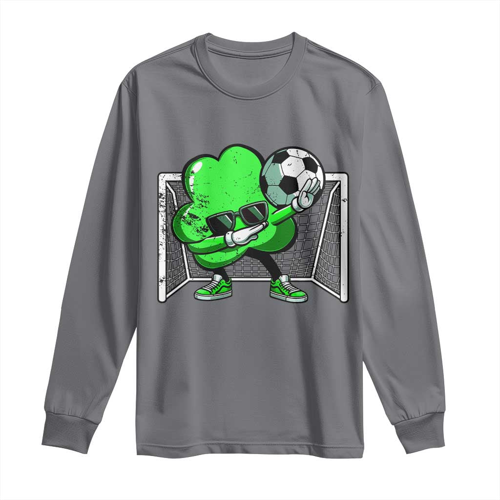 Charcoal long-sleeve shirt with green soccer shamrock dab graphic