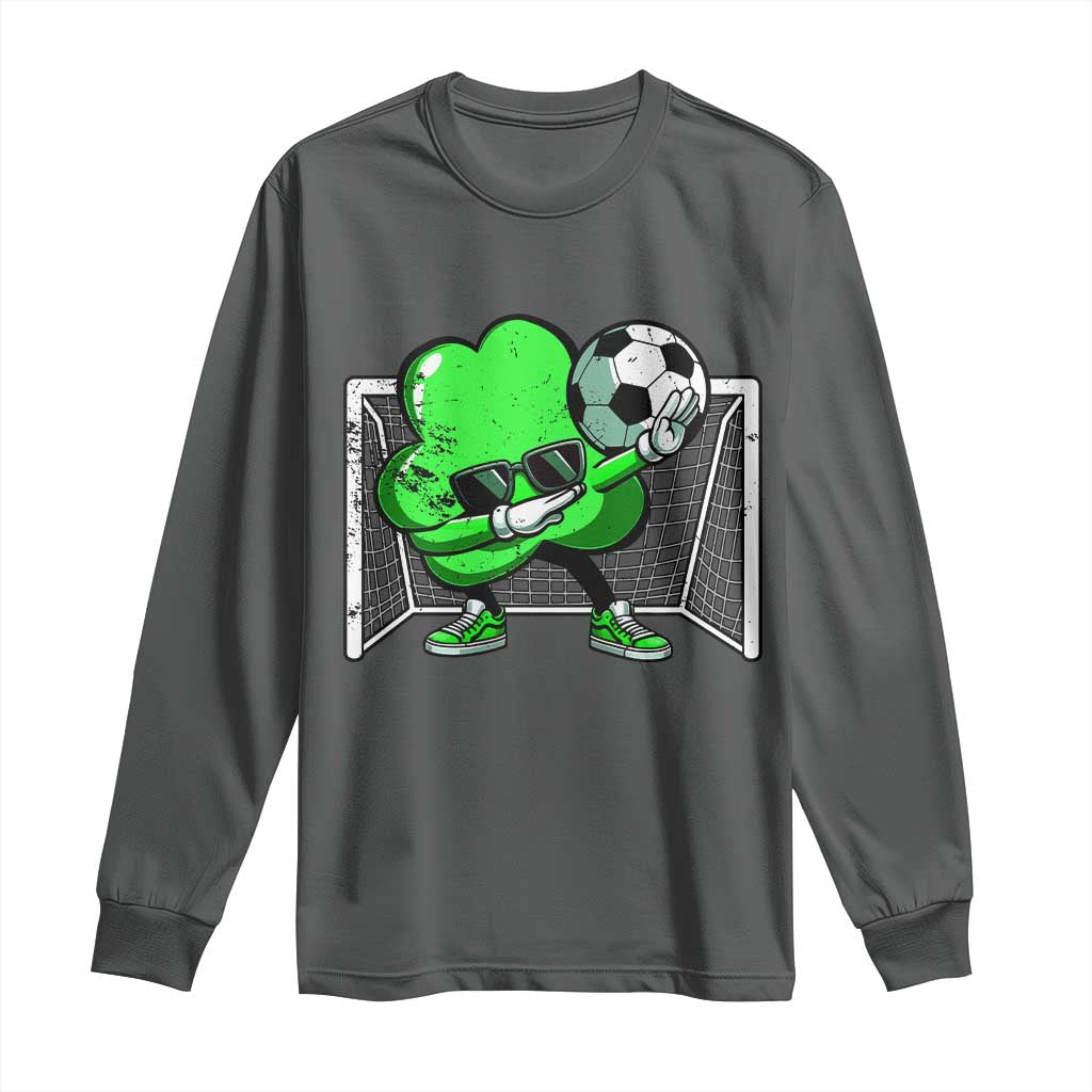 Dark heather long-sleeve shirt with green soccer shamrock dab graphic