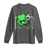 Dark heather long-sleeve shirt with green soccer shamrock dab graphic