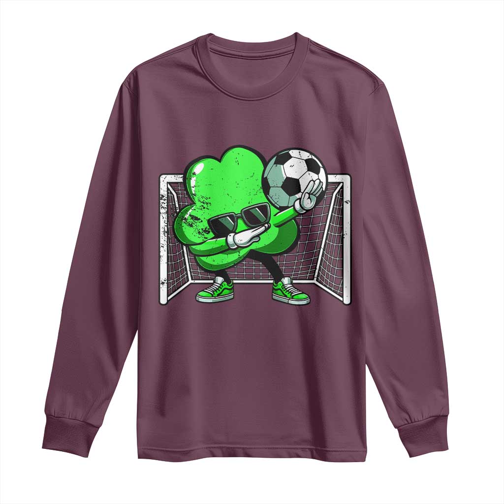 Maroon long-sleeve shirt with green soccer shamrock dab graphic